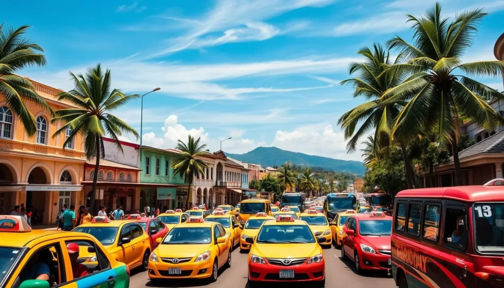 A bustling street scene in Montego Bay, Jamaica, captured on a sunny afternoon. In the foreground, a colorful fleet of taxi cabs and minibuses, their vibrant hues reflecting the island's vibrant culture. Pedestrians navigate the sidewalks, weaving between the vehicles. In the middle ground, a mix of charming colonial-style buildings and modern structures line the street, their facades adorned with local artwork and signage. Lush palm trees sway gently in the breeze, framing the scene. The sky is a brilliant azure, with just a few wispy clouds overhead, casting a warm, natural light across the entire tableau. An authentic, lively depiction of transportation and urban life in Montego Bay.