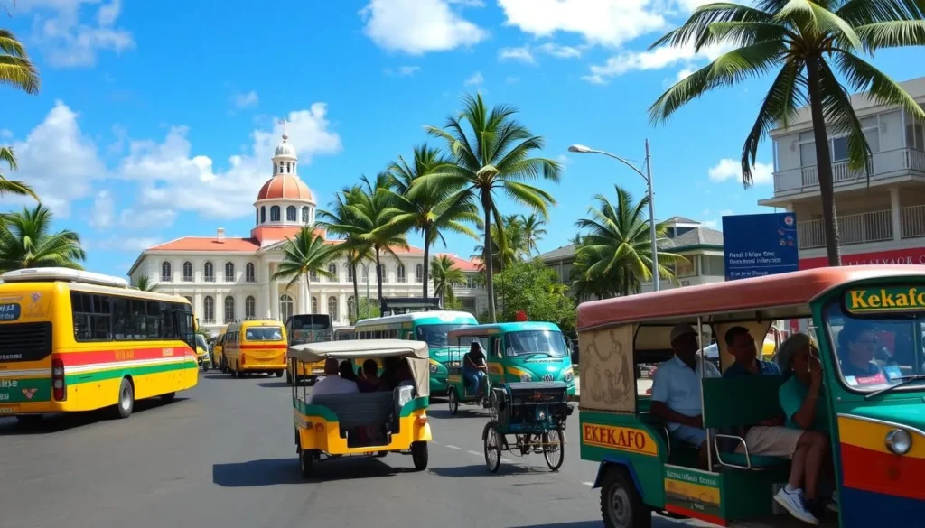 A bustling street scene in Nuku'alofa, the capital of Tonga, showcasing the vibrant transportation options. In the foreground, colorful local buses and taxis navigate the well-paved roads, their passengers a diverse mix of locals and tourists. In the middle ground, tricycle-style 'Ekekafo' taxis weave through traffic, providing a unique and eco-friendly way to explore the city. The background features the distinctive architecture of Nuku'alofa, with lush palm trees and a clear blue sky overhead, creating a warm, tropical atmosphere. The lighting is soft and natural, capturing the friendly and welcoming spirit of the city.