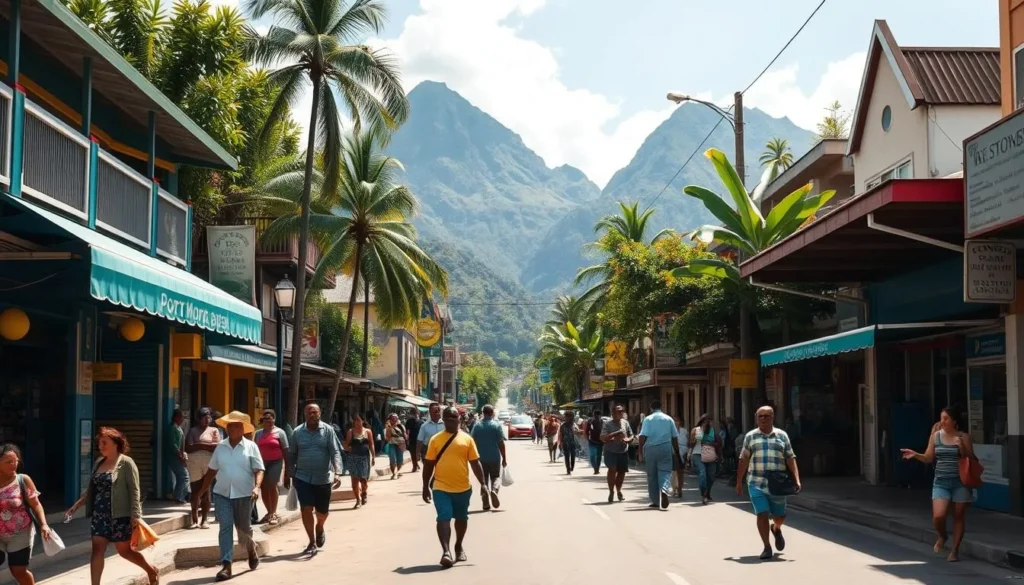 A bustling street scene in Port Moresby, Papua New Guinea, on a bright, sunny day. In the foreground, local pedestrians navigate the sidewalks, carrying bags and conversing. The middle ground features a mix of traditional and modern architecture, with colorful storefronts and lush tropical foliage. In the background, towering mountains rise, creating a dramatic natural backdrop. The lighting is warm and diffused, casting a welcoming glow over the scene. The overall atmosphere is vibrant and lively, conveying a sense of safety and security for travelers exploring this dynamic city.
