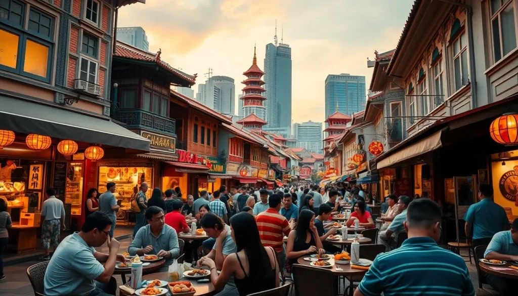 A bustling street scene in Singapore's Chinatown, bathed in warm evening light. In the foreground, people dine at outdoor tables, savoring plates of steaming dumplings, sizzling stir-fries, and aromatic curries. The middle ground features colorful shophouses with intricate facades, their windows aglow. In the background, pagoda-style rooftops and towering skyscrapers create a harmonious blend of old and new. The atmosphere is lively and convivial, with the tantalizing aromas of Chinese cuisine wafting through the air. Capture this vibrant culinary tapestry with a cinematic, wide-angle lens that showcases the dynamic energy of Singapore's celebrated Chinese food scene.