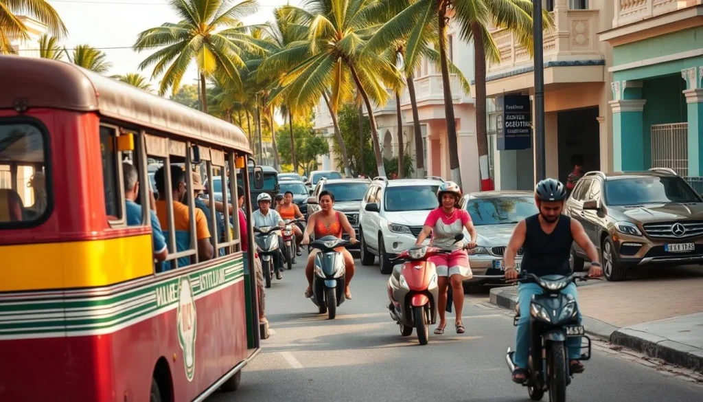 A bustling street scene in a Caribbean island town, showcasing the diverse local transportation options. In the foreground, a colorful open-air bus, or 'bus-up', prepares to depart, its passengers eagerly boarding. In the middle ground, a group of locals navigate the sidewalk on mopeds and bicycles, weaving between parked cars. In the background, a few taxis and private vehicles line the curb, their drivers waiting for fares. The scene is bathed in warm, golden sunlight, evoking the tropical atmosphere. The overall composition captures the vibrant, lively energy of this island community and its reliance on accessible, diverse transportation.
