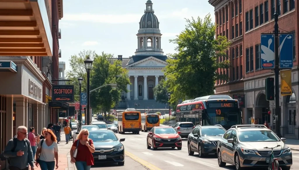 A bustling street scene in downtown Schenectady, New York, on a bright, sunny day. In the foreground, pedestrians stroll along the sidewalks, passing by local shops and cafes. In the middle ground, a mix of cars, buses, and bicycles navigate the streets, reflecting the city's diverse transportation options. In the background, the iconic Schenectady City Hall stands tall, its neoclassical architecture a reminder of the city's history. The scene is bathed in warm, natural lighting, creating a welcoming and vibrant atmosphere that captures the essence of getting to and around Schenectady.