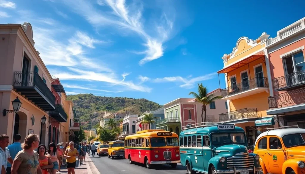 A bustling street scene in the heart of Christiansted, St. Croix, U.S. Virgin Islands. In the foreground, locals and tourists stroll along the sun-dappled sidewalks, enjoying the island's vibrant culture. Vintage-style buses and taxis weave through the lively traffic, their colorful exteriors reflecting the Caribbean ambiance. In the middle ground, charming colonial-era buildings line the streets, their pastel facades and wrought-iron balconies creating a picturesque backdrop. The sky is a brilliant blue, with wispy clouds drifting overhead, and the warm tropical light bathes the entire scene in a golden glow, conveying the relaxed, easygoing spirit of the island.
