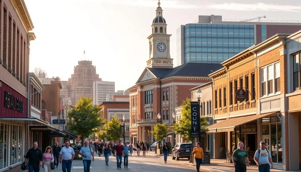 A bustling street scene in the heart of Terre Haute, Indiana, captured under a warm, golden afternoon sun. In the foreground, pedestrians stroll along the lively sidewalks, passing by charming local shops and cafes. The middle ground features the iconic Vigo County Courthouse, its grand architecture and clock tower standing tall. In the background, a mix of historic buildings and modern structures create a picturesque urban landscape. The scene conveys a sense of community, activity, and small-town charm, perfectly suited to showcase the practical travel information for visitors to this vibrant Midwestern city. A bustling street scene in the heart of Terre Haute, Indiana, captured under a warm, golden afternoon sun. In the foreground, pedestrians stroll along the lively sidewalks, passing by charming local shops and cafes. The middle ground features the iconic Vigo County Courthouse, its grand architecture and clock tower standing tall. In the background, a mix of historic buildings and modern structures create a picturesque urban landscape. The scene conveys a sense of community, activity, and small-town charm, perfectly suited to showcase the practical travel information for visitors to this vibrant Midwestern city.