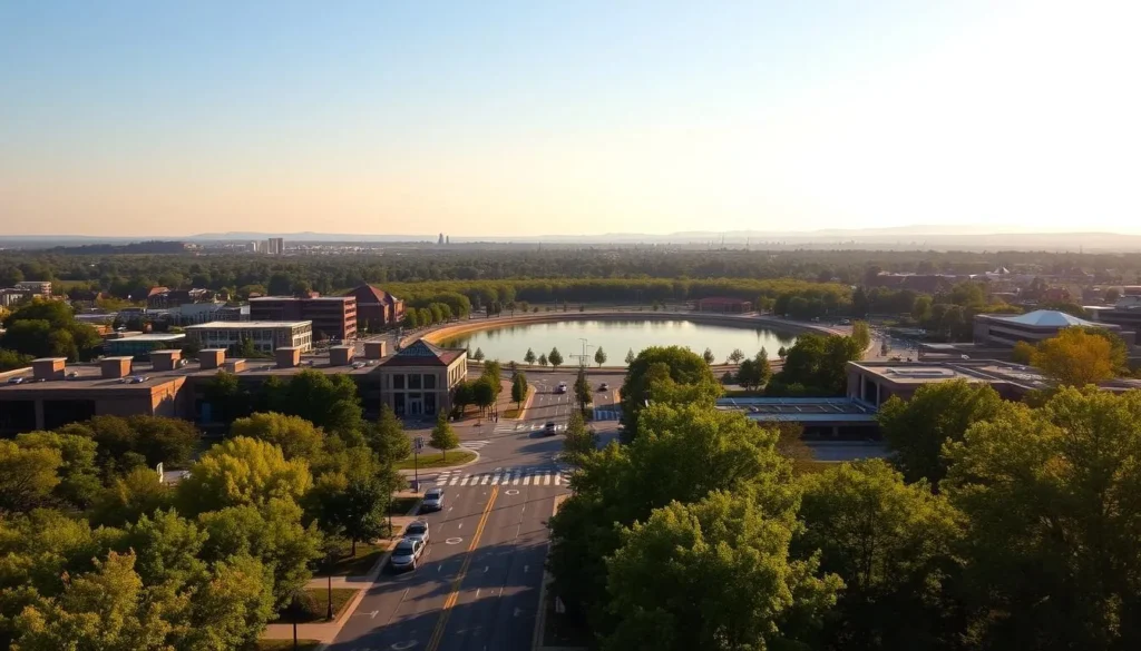 A bustling suburban cityscape, Fishers, Indiana shines under a warm, golden afternoon sun. In the foreground, a tree-lined boulevard leads towards a vibrant town center, its modern architecture and lush greenery blending seamlessly. In the middle ground, a scenic lake reflects the surrounding buildings and natural elements, inviting visitors to enjoy its tranquil waters. The background features a hazy horizon, with distant hills and a clear, azure sky adding depth and dimension to the scene. Crisp, high-resolution photography captures the vibrancy and liveliness of this thriving suburban destination, showcasing Fishers as a vibrant, welcoming community.