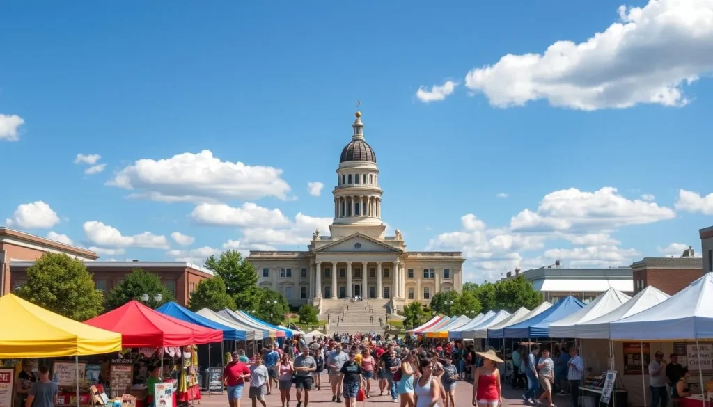 A bustling town square in Dover, Delaware, on a sunny day. In the foreground, colorful tents and booths line the streets, showcasing local crafts, delicious food, and lively music. Crowds of people stroll through the market, browsing and socializing. In the middle ground, the historic capital building stands proudly, its grand architecture and manicured lawns framing the scene. In the background, a blue sky with fluffy white clouds creates a warm, inviting atmosphere. The overall mood is one of community, celebration, and small-town charm.