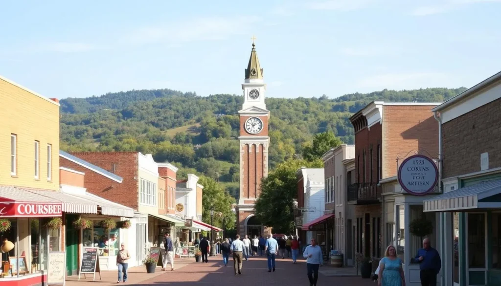 A bustling town square in Lewisburg, West Virginia, on a sunny afternoon. In the foreground, quaint storefronts line the streets, their charming facades and decorative window displays beckoning passersby. Pedestrians stroll along the sidewalks, browsing unique boutiques, antique shops, and local artisan studios. In the middle ground, a historic clock tower stands tall, its intricate architecture a testament to the town's rich history. In the background, rolling hills and lush greenery create a picturesque backdrop, bathed in warm, golden light. The atmosphere is one of small-town warmth and community, inviting visitors to immerse themselves in the local shopping experience.