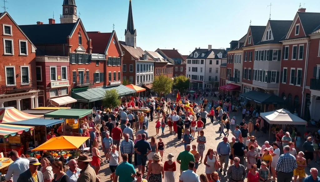 A bustling town square in New Bern, North Carolina, bathed in warm sunlight. In the foreground, locals and visitors mingle amidst vibrant food stalls, craft vendors, and lively music performances. The historic architecture of the colonial-era buildings forms a picturesque backdrop, with towering steeples and ornate facades. In the middle ground, a parade of colorfully costumed participants weaves through the crowd, celebrating one of the town's beloved annual festivals. The atmosphere is lively and festive, capturing the spirit of the community's rich cultural heritage and the joy of its cherished events.