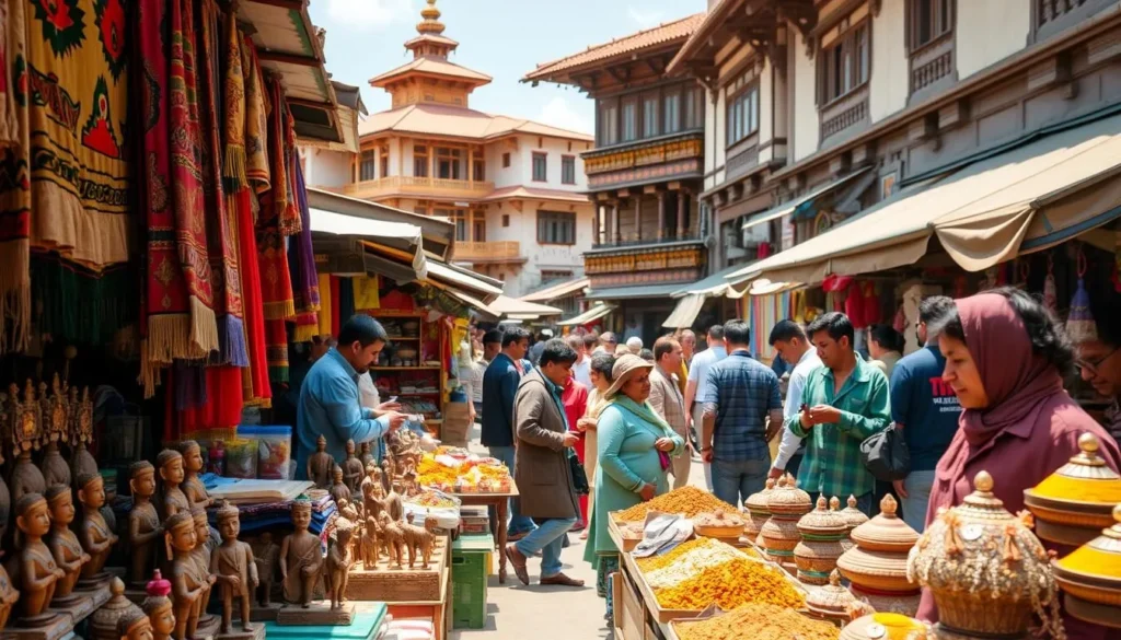 A bustling traditional marketplace in Itahari, Nepal, on a sunny afternoon. In the foreground, vibrant handwoven fabrics, intricately carved wooden figurines, and colorful spice displays create a lively scene. In the middle ground, local vendors haggle with customers, showcasing the spirit of cultural exchange. The background features the distinctive architecture of Newari-style buildings, their ornate facades bathed in warm, golden light. Capture the sights, sounds, and essence of Itahari's rich cultural heritage in a single, immersive image.