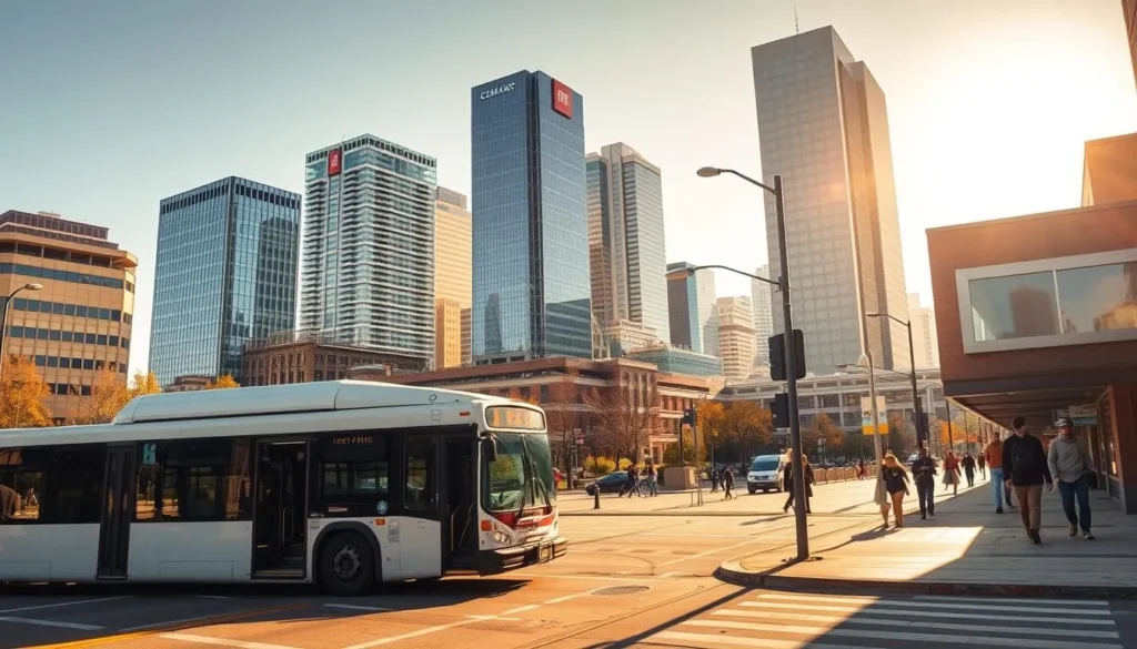 A bustling transportation hub in Cedar Rapids, Iowa, captured on a bright, sunny day. In the foreground, a modern city bus glides along the street, its sleek design mirroring the surrounding architecture. In the middle ground, pedestrians navigate the sidewalks, carrying on with their daily routines. In the background, the iconic skyscrapers of downtown Cedar Rapids rise majestically, their glass facades reflecting the warm, golden light of the afternoon. The scene is bathed in a soft, natural illumination, conveying a sense of vibrancy and energy that embodies the spirit of this thriving Midwest city.