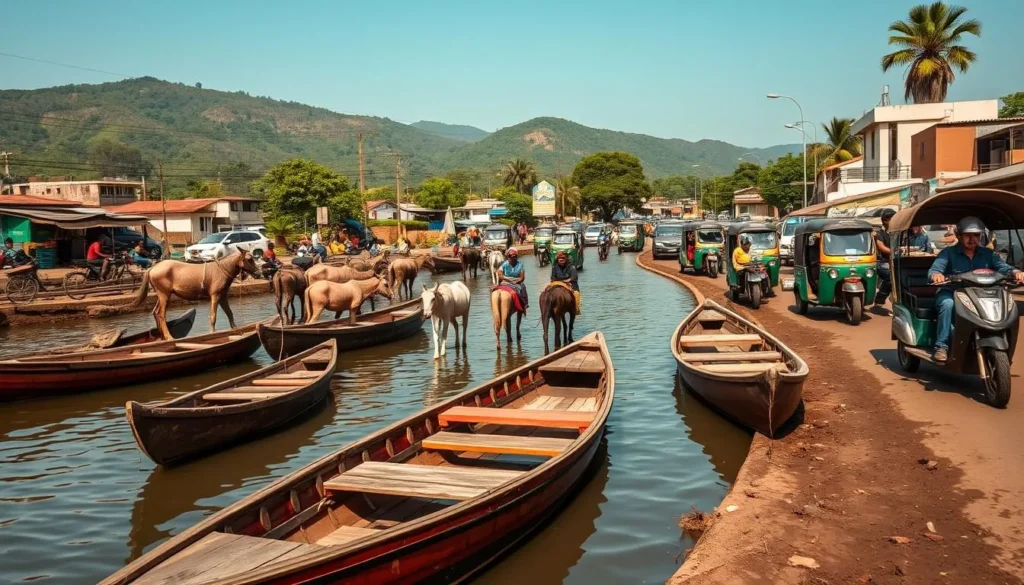 A bustling transportation hub in Guinea, showcasing the diverse modes of travel. In the foreground, traditional wooden pirogues and canoes float along a tranquil river, their vibrant colors reflecting in the calm waters. In the middle ground, donkeys and carts transport goods and people through the winding streets, while motorcycles and tuk-tuks navigate the busy traffic. In the background, a backdrop of lush, verdant hills and a clear, azure sky set the scene for this vibrant and authentic Guinean transportation landscape. The scene is bathed in warm, natural lighting, capturing the energy and character of this West African nation.