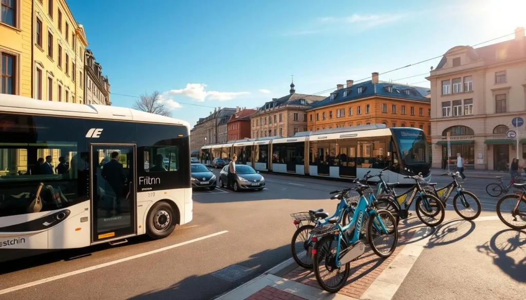 A bustling transportation hub in Ramstein, Germany, showcasing a variety of vehicles on a sun-dappled street. In the foreground, a sleek electric bus glides by, its passengers disembarking. To the side, a row of shiny compact cars and efficient bicycles, reflecting the city's commitment to sustainable mobility. In the middle ground, a traditional German tram trundles along the tracks, its vintage charm complementing the modern elements. In the background, the facades of historic buildings line the street, their warm-toned facades bathed in the soft, golden light of a perfect day. The scene exudes a sense of vibrant energy and seamless transportation options, inviting visitors to explore Ramstein with ease.