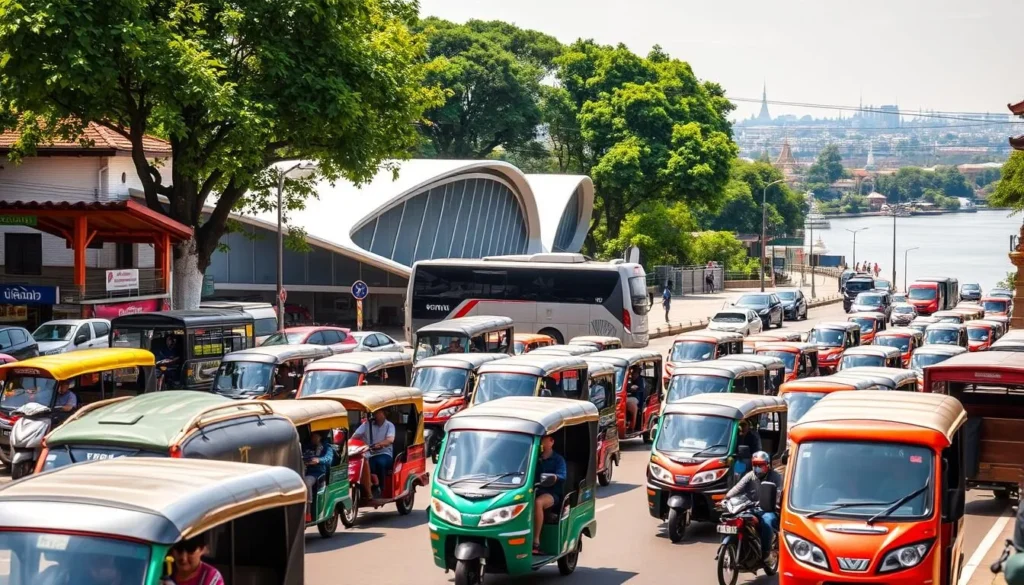 A bustling transportation hub in Samut Prakan, Thailand, showcasing a diverse array of local vehicles. In the foreground, vibrant tuk-tuks and motorbikes weave through the lively streets, while in the middle ground, a modern bus station stands, its sleek design contrasting with the traditional architecture of nearby buildings. In the background, the serene Chao Phraya River flows, its banks dotted with lush greenery and the silhouettes of distant temples. The scene is bathed in warm, natural lighting, evoking a pleasant, inviting atmosphere. Capture the dynamic energy and harmonious blend of old and new that characterize Samut Prakan's transportation network.