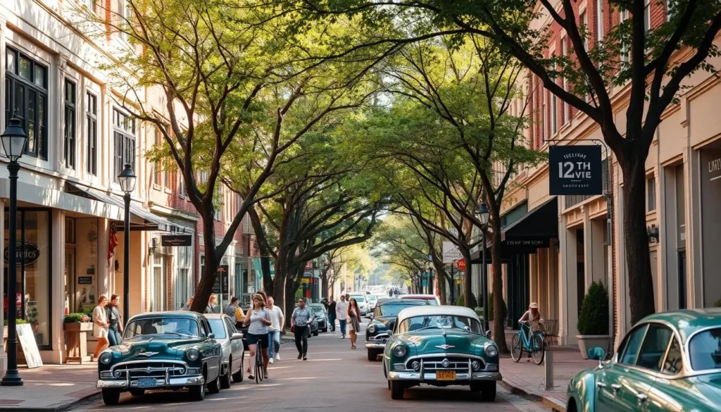 A bustling, tree-lined avenue in the heart of Nashville's 12th Avenue South Shopping District. Elegant boutiques, independent coffee shops, and trendy art galleries line the sidewalks, their facades bathed in warm afternoon sunlight. Pedestrians stroll casually, window-shopping and chatting. Vintage cars and bicycles add to the lively, charming atmosphere. Capture the district's unique blend of Southern hospitality and urban sophistication, with a focus on the vibrant storefronts and pedestrian activity that bring this stylish shopping destination to life. A bustling, tree-lined avenue in the heart of Nashville's 12th Avenue South Shopping District. Elegant boutiques, independent coffee shops, and trendy art galleries line the sidewalks, their facades bathed in warm afternoon sunlight. Pedestrians stroll casually, window-shopping and chatting. Vintage cars and bicycles add to the lively, charming atmosphere. Capture the district's unique blend of Southern hospitality and urban sophistication, with a focus on the vibrant storefronts and pedestrian activity that bring this stylish shopping destination to life.