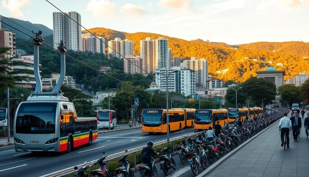 A bustling urban scene in Medellin, Colombia, showcasing the city's diverse transportation options. In the foreground, a modern cable car system glides gracefully, transporting passengers up the hilly terrain. Sleek, brightly colored buses navigate the streets, ferrying commuters to their destinations. In the middle ground, orderly rows of motorbikes and bicycles line the sidewalks, reflecting Medellin's embrace of sustainable mobility. The background features the city's iconic high-rise buildings and lush, verdant hills, bathed in warm, golden sunlight, creating a vibrant and dynamic atmosphere. The image captures the energy and efficiency of Medellin's comprehensive transportation network, catering to the needs of its residents and visitors alike.