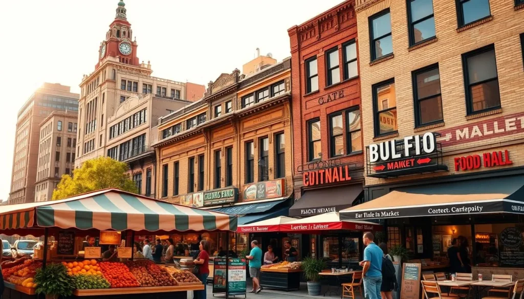 A bustling urban scene in downtown Buffalo, New York, showcasing the city's vibrant culinary landscape. In the foreground, a lively open-air market overflows with local produce, freshly baked goods, and artisanal fare. The middle ground features a row of eclectic, independently-owned restaurants and cafes, their facades adorned with colorful murals and lively signage. In the background, the city's iconic architecture, including the striking Art Deco City Hall, creates a stunning backdrop. Warm, golden sunlight bathes the scene, evoking a welcoming and inviting atmosphere. The overall composition captures the energy, diversity, and passion that define Buffalo's thriving food culture, beyond the famous chicken wings.