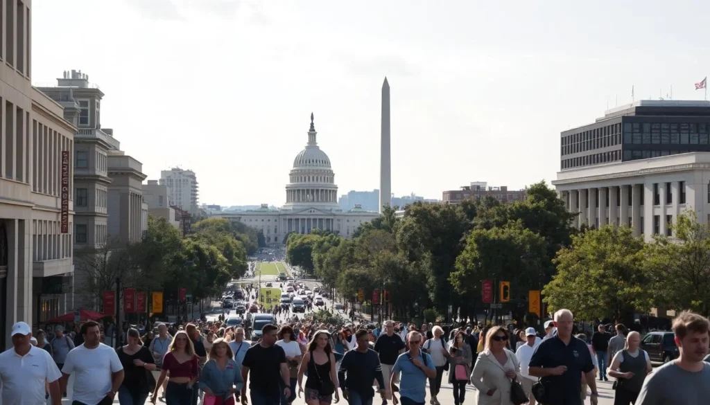 A bustling urban scene in downtown Washington DC, captured on a sunny afternoon. In the foreground, pedestrians navigate the city sidewalks, alert and aware of their surroundings. The middle ground features iconic landmarks like the Capitol building and the Washington Monument, their grand architecture bathed in warm, diffused light. In the background, a network of tree-lined streets and skyscrapers create a sense of scale and depth. The overall atmosphere conveys a vibrant, yet measured pace, encouraging visitors to explore the city safely and mindfully. Crisp, high-resolution photographic quality, using a wide-angle lens to capture the breadth of the scene.