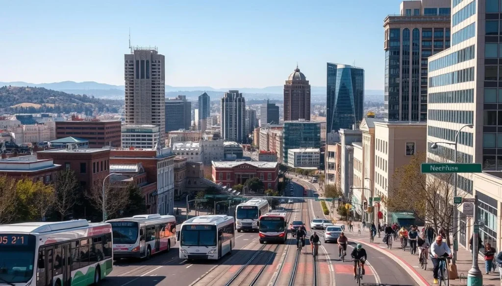 A bustling urban scene of downtown Oakland, California on a sunny day. In the foreground, a diverse array of public transportation options - sleek electric buses, vintage cable cars, and cyclists navigating bike lanes. In the middle ground, towering skyscrapers and historic buildings reflect the city's dynamic architecture. The background showcases the rolling hills and distant bay, creating a picturesque backdrop. Capture the energy and vibrancy of this West Coast metropolis through a wide-angle lens, with warm, natural lighting that highlights the intricate details of the cityscape.