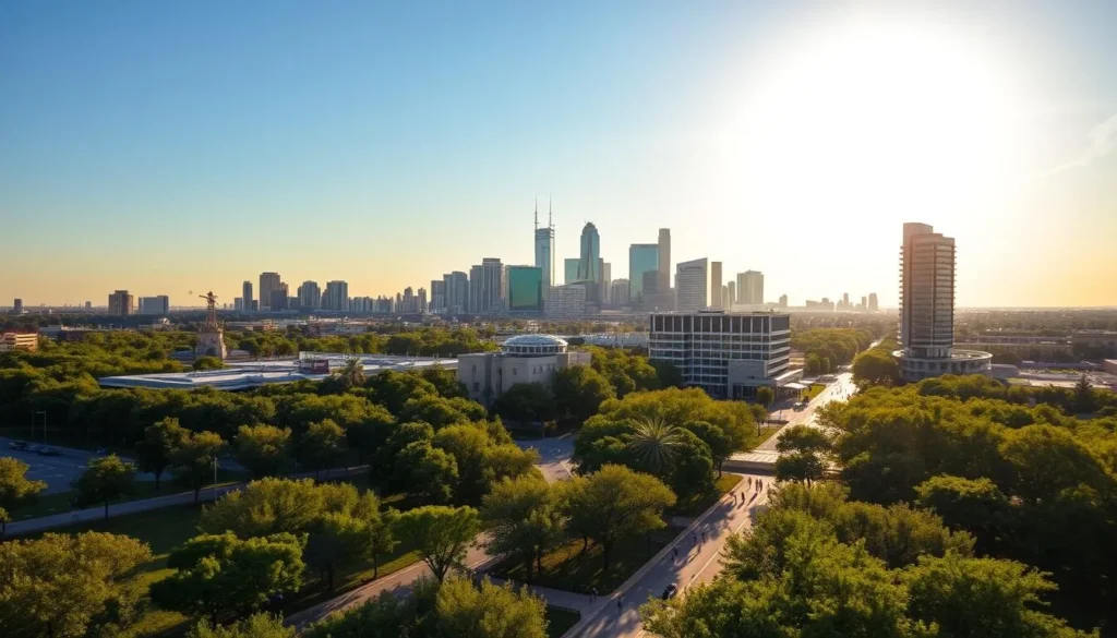 A bustling urban skyline rises against a clear azure sky, the sun's warm rays casting a golden glow over the sleek, modern architecture of Irving, Texas. In the foreground, lush green parks and tree-lined boulevards create a picturesque oasis, with people strolling, cycling, and enjoying the vibrant outdoor spaces. The middle ground features a mix of high-rise office buildings, stylish hotels, and bustling commercial districts, showcasing the city's thriving economy and cosmopolitan flair. In the distance, the iconic Las Colinas skyline pierces the horizon, its towering skyscrapers and gleaming glass facades creating a stunning visual backdrop. This image captures the unique charm of Irving, where the energy of a thriving metropolis blends seamlessly with the comforts of a livable, sustainable community.