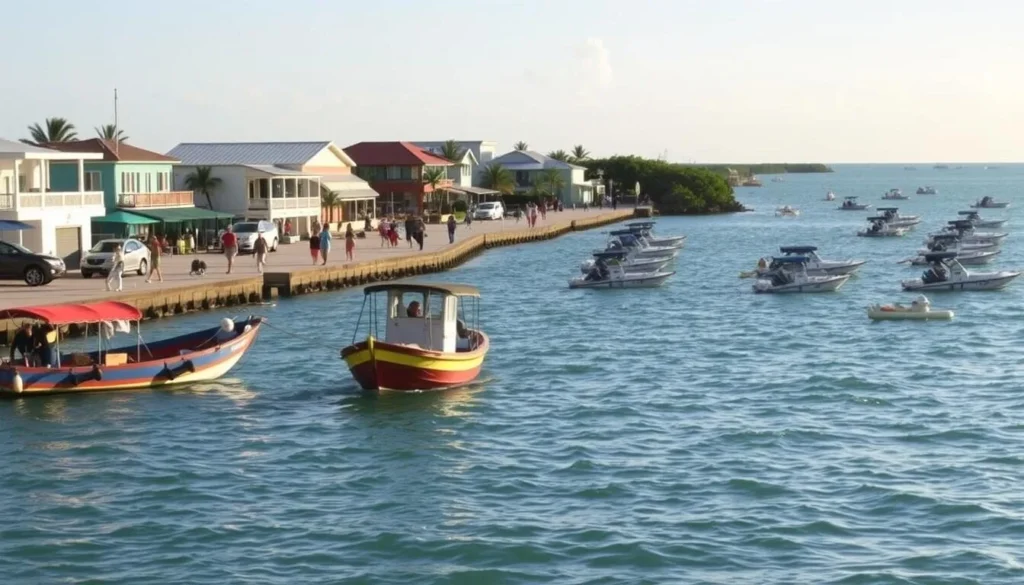 A bustling waterfront scene in La Parguera, Puerto Rico, showcasing various modes of transportation. In the foreground, a colorful local fishing boat gently sways on the calm, turquoise waters. In the middle ground, residents and visitors stroll along the seaside promenade, surrounded by quaint, pastel-colored buildings. In the background, a fleet of small motorboats and kayaks dot the horizon, inviting exploration of the nearby mangrove forests and bioluminescent bay. The scene is bathed in warm, golden sunlight, conveying a sense of tranquility and island charm.