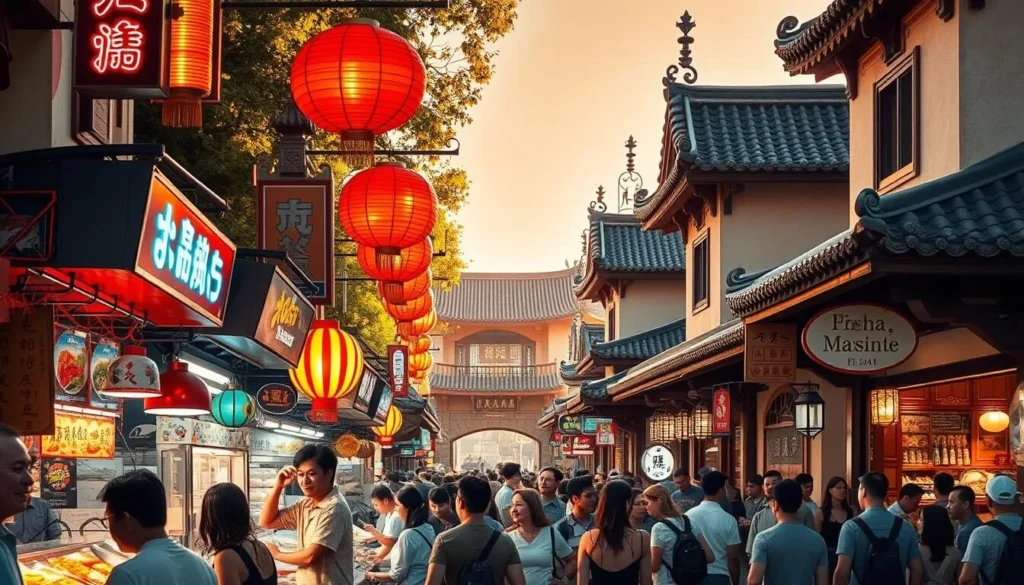 A busy Asian-inspired street scene in Yorba Linda, California. In the foreground, vibrant neon signs and paper lanterns hang above bustling food stalls offering an array of tantalizing dishes. The middle ground features lively crowds of locals and tourists exploring the diverse culinary offerings, from steaming dumplings to fragrant curries. In the background, traditional Asian-style architecture with ornate details sets the authentic atmosphere. The scene is bathed in warm, golden natural lighting, creating a inviting and mouthwatering ambiance. The overall mood is one of cultural celebration and gastronomic discovery.