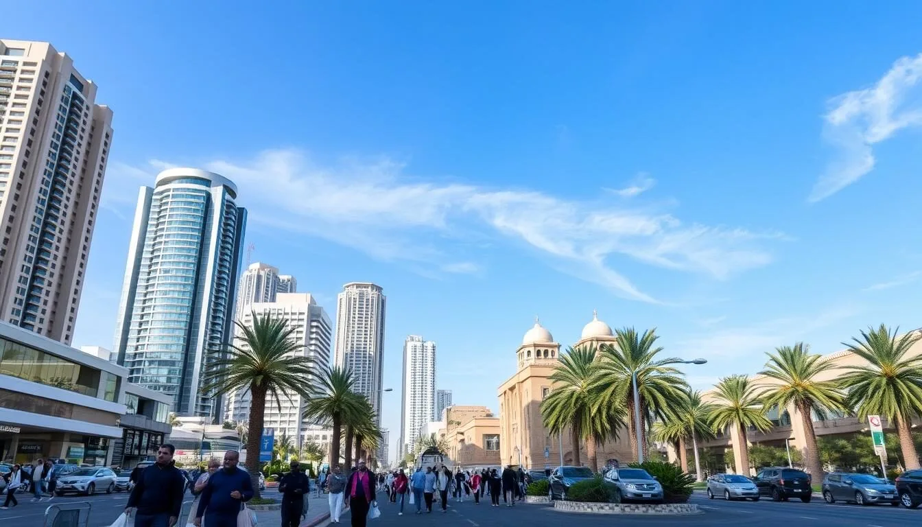 A busy city street in Al Khobar, Saudi Arabia on a sunny day. In the foreground, people stroll along the sidewalk, carrying shopping bags and pausing to chat. The mid-ground features a mix of modern high-rise buildings and traditional Arabic architecture, creating an intriguing architectural contrast. In the background, palm trees sway gently, and the clear blue sky is dotted with wispy clouds. The scene exudes an atmosphere of bustling activity and cultural vibrancy, capturing the practical information a visitor to Al Khobar might need - busy streets, diverse architecture, and a pleasant, sunny climate.