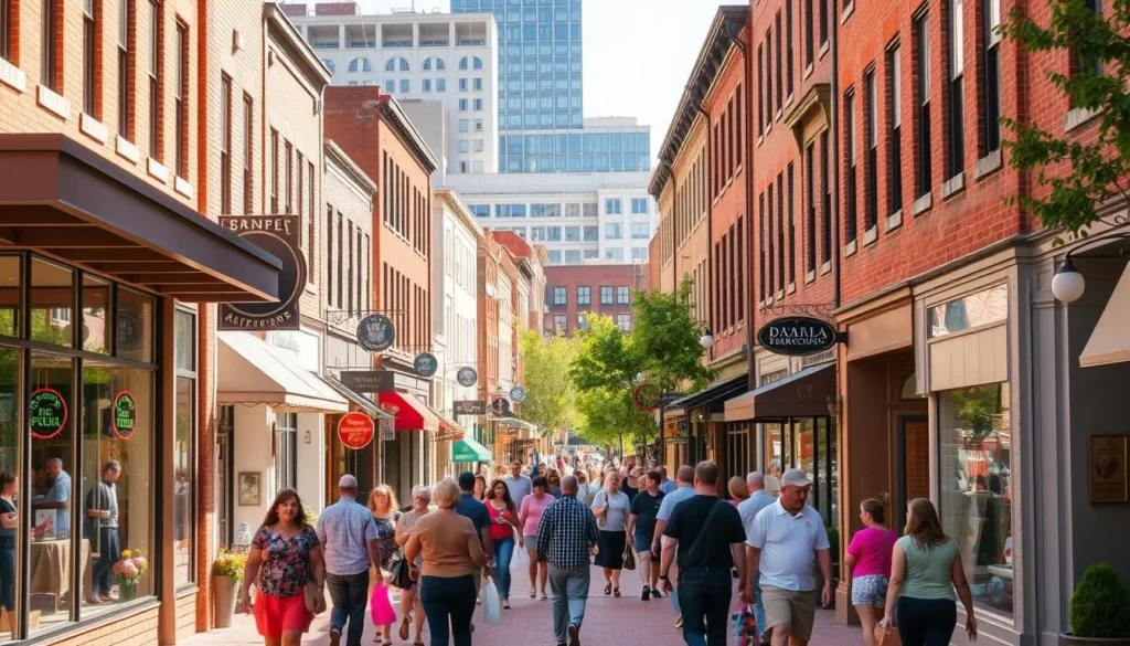 A busy downtown street in Fayetteville, North Carolina, filled with charming boutiques, local eateries, and people strolling along the sidewalks. Bright, warm sunlight bathes the scene, casting soft shadows and highlighting the vibrant colors of the storefronts. In the foreground, pedestrians window-shop, carrying shopping bags and chatting with friends. In the middle ground, classic brick buildings line the street, their facades adorned with inviting signs and enticing displays. The background features a mix of modern and historic architecture, creating a visually interesting and cohesive urban landscape. The overall atmosphere is lively, welcoming, and reflective of the local character and community.