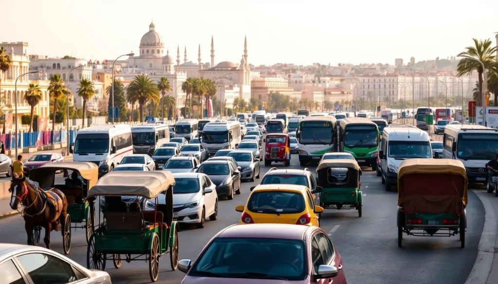 A busy street in Algiers, the capital of Algeria, with a diverse array of transportation modes. In the foreground, traditional horse-drawn carriages and colorful tuk-tuks navigate the bustling traffic. In the middle ground, a mix of modern sedans, buses, and delivery trucks weave through the congestion. In the background, the iconic white buildings and minarets of the city's historic architecture create a picturesque skyline, bathed in warm, golden sunlight. The scene captures the vibrant energy and blend of old and new that characterizes Algeria's transportation landscape.