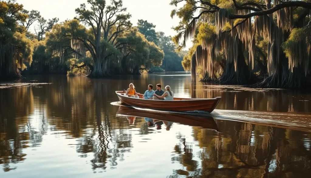 A calm, sun-dappled bayou in Louisiana, with a traditional wooden boat gliding over the still, mirror-like waters. Tall cypress trees with Spanish moss line the banks, their reflection shimmering in the gentle current. A group of friends or a family relaxes aboard, enjoying the tranquil scenery and the gentle sway of the boat as it navigates the winding waterway. Soft, natural lighting illuminates the scene, creating a serene and picturesque atmosphere, perfect for a leisurely day trip away from the beach.