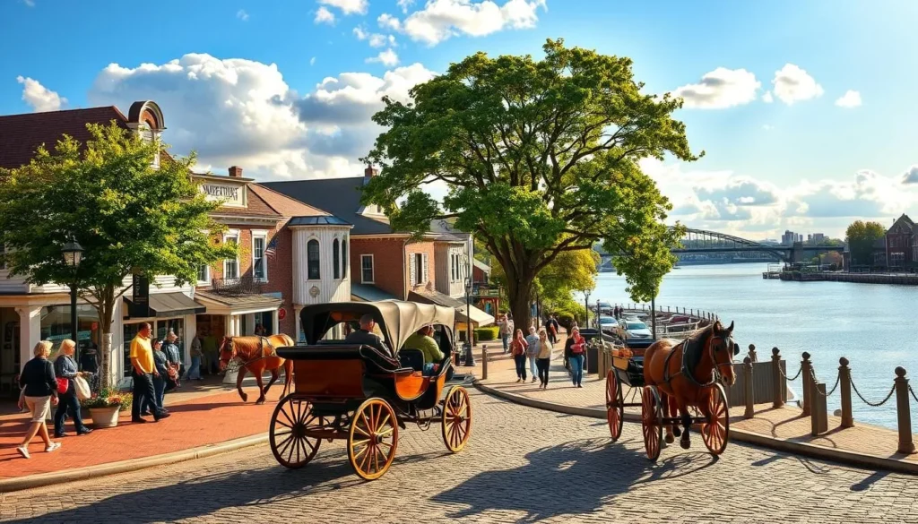 A charming New England town comes to life in a picturesque scene of Newburyport's historic downtown. In the foreground, horse-drawn carriages transport visitors along the cobblestone streets, their wooden wheels clacking over the uneven pavement. In the middle ground, pedestrians stroll past quaint shops and cafes, their facades adorned with intricate architectural details. In the background, the serene Merrimack River flows gently, its banks lined with towering trees that cast dappled shadows over the scene. The warm, golden sunlight filters through fluffy clouds, illuminating the town's classic New England charm and creating a tranquil, inviting atmosphere.