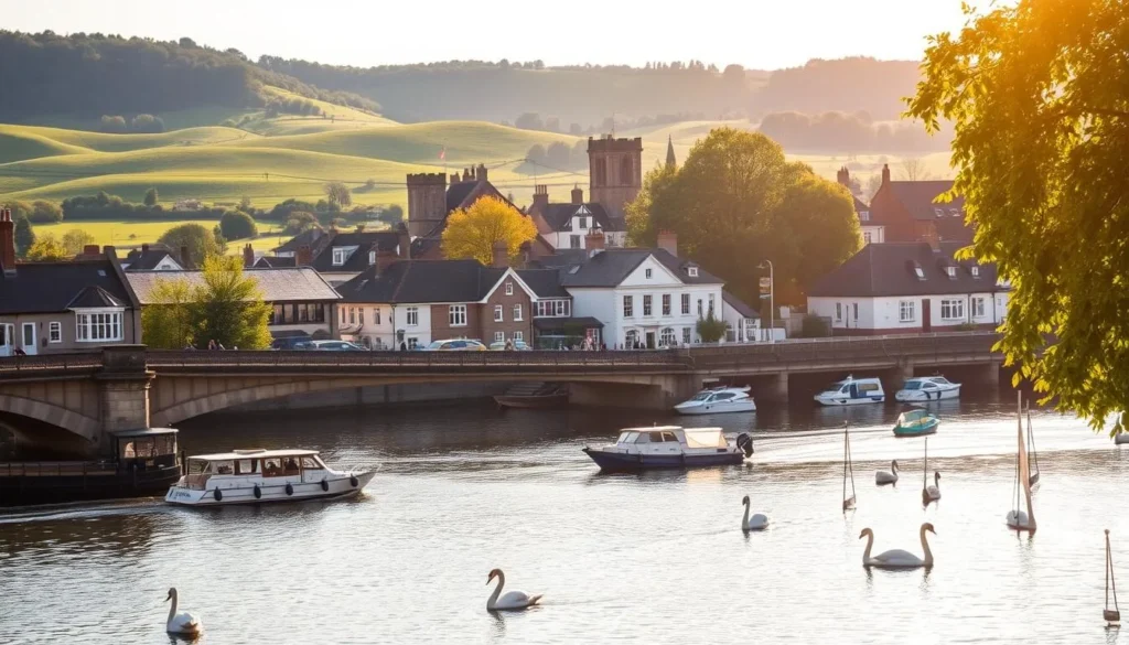 A charming Thames Valley scene, showcasing the picturesque town of Maidenhead. In the foreground, the historic Maidenhead Bridge arches gracefully over the glistening River Thames, with pleasure boats and swans drifting peacefully. The middle ground features the quaint town center, with its Georgian architecture, bustling marketplace, and locals strolling along the river promenade. In the background, rolling green hills and lush trees create a serene, pastoral backdrop. Warm sunlight filters through the scene, casting a golden glow and highlighting the town's timeless beauty. A serene, quintessentially English landscape that captures the charm and tranquility of Maidenhead.