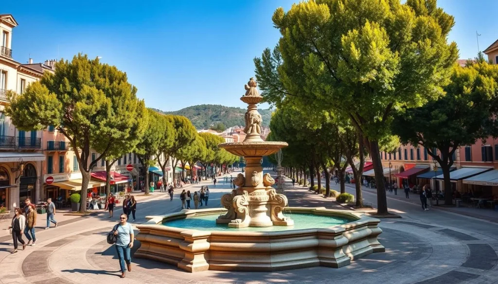 A charming and picturesque scene of Aix-en-Provence's historic city centre on a pleasant sunny day. Capture the vibrant atmosphere of the bustling Cours Mirabeau, with its iconic plane trees lining the broad boulevard. In the foreground, pedestrians stroll past elegant 17th-century buildings and quaint cafes with outdoor seating. In the middle ground, a striking 17th-century fountain stands as the centrepiece, with water cascading down its ornate stone facade. In the background, glimpse the hilly silhouettes of the Montagne Sainte-Victoire, bathed in soft, warm light. Utilize a wide-angle lens to showcase the harmonious blend of architecture, natural elements, and human activity that epitomizes the timeless allure of this beloved Provençal city.