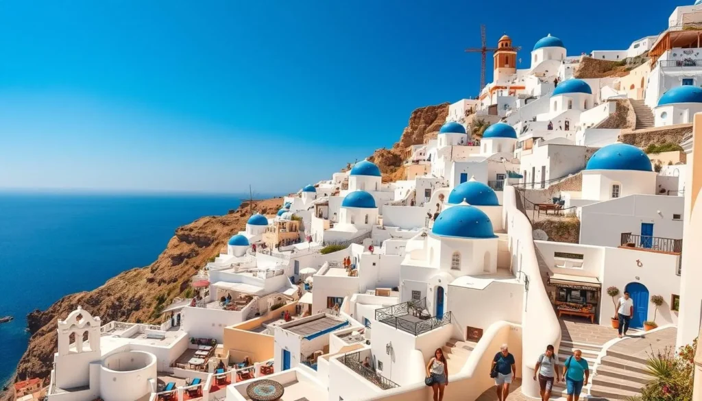 A charming and picturesque village of Oia, nestled on the cliffs of Santorini, Greece. Whitewashed buildings with vibrant blue domes and roofs cascade down the hillside, creating a striking contrast against the deep azure sky. Narrow winding streets are lined with quaint shops, cafes, and local artists' studios. In the foreground, a group of people stroll leisurely, taking in the breathtaking views of the Aegean Sea and the iconic windmills. The warm Mediterranean sunlight casts a soft, golden glow, enhancing the tranquil atmosphere. A tranquil, charming scene that captures the essence of Santorini's enchanting villages.
