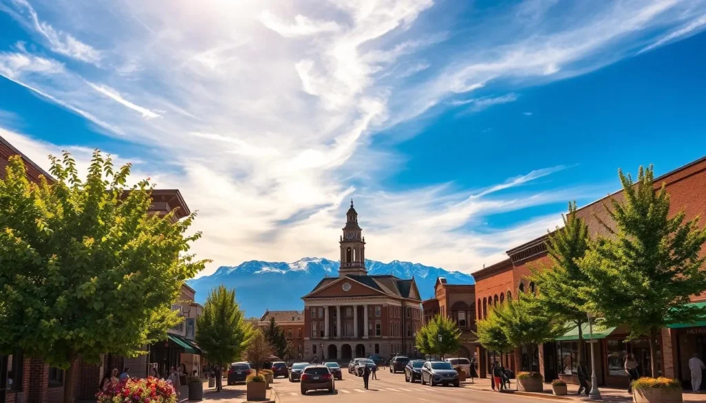 A charming cityscape in Greeley, Colorado on a sun-dappled day. In the foreground, lush green trees and colorful flower beds line the bustling streets, where locals and visitors stroll past quaint brick buildings and storefronts. In the middle ground, the stately, historic architecture of downtown Greeley is showcased, including the iconic Weld County Courthouse with its striking clock tower. The background features the majestic Rocky Mountains, their snow-capped peaks rising majestically against a brilliant azure sky. Warm, golden light filters through wispy clouds, casting a welcoming glow over the entire scene. This image captures the inviting charm and natural beauty that make Greeley, Colorado a delightful destination.