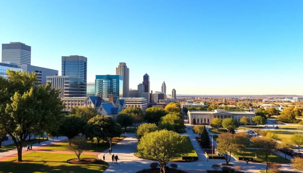 A charming cityscape of Plano, Texas on a pleasant day. In the foreground, neatly manicured parks and bustling pedestrians strolling along tree-lined streets. In the middle ground, a mix of modern high-rises and historic buildings, bathed in warm, golden sunlight. In the background, the distant horizon is dotted with rolling hills and a clear, azure sky. The scene exudes a sense of tranquility and civic pride, capturing the essence of Plano's inviting atmosphere.