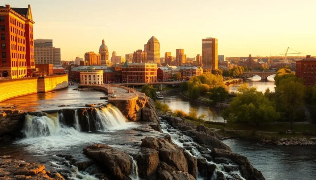 A charming cityscape of Rochester, New York, bathed in warm, golden sunlight. In the foreground, the iconic High Falls cascades over rugged rock formations, drawing the eye towards the vibrant urban landscape beyond. In the middle ground, historic brick buildings and skyscrapers stand tall, reflecting the city's rich architectural heritage. In the distance, the tranquil Genesee River winds its way, flanked by lush green trees and parks. The scene exudes a sense of timeless allure, inviting the viewer to explore the captivating charm of this upstate New York gem.