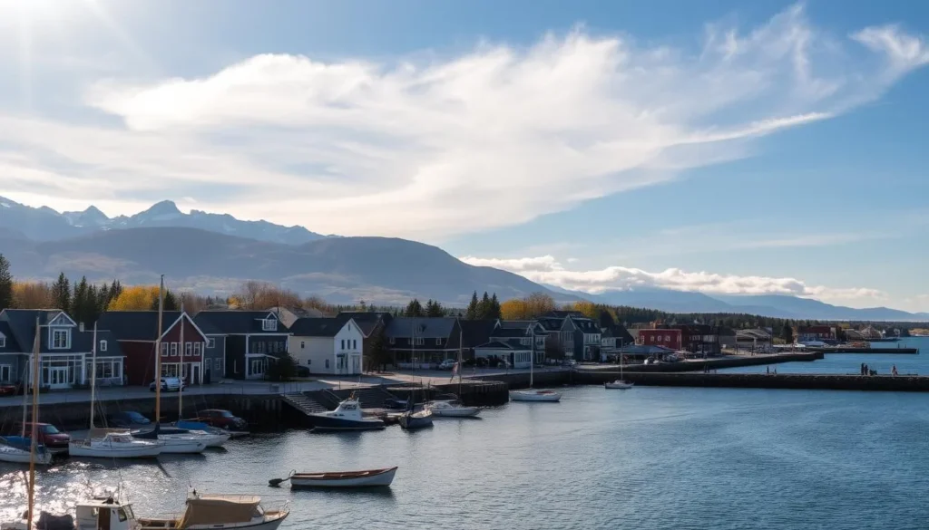A charming coastal town nestled along the rugged shores of Lake Superior, Grand Marais is captured in a serene, sun-dappled scene. In the foreground, a quaint harbor bustles with fishing boats and kayaks, their hulls reflecting the crystalline waters. The middle ground showcases the historic downtown, its colorful buildings and art galleries lining the picturesque main street. In the background, the dramatic silhouette of the Sawtooth Mountains rises, their peaks capped with a dusting of snow. Warm, golden light filters through wispy clouds, casting a glow over the entire scene and evoking a sense of tranquility and natural beauty.