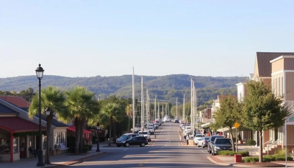 A charming coastal town nestled along the shores of Mobile Bay, Fairhope exudes a picturesque, quaint atmosphere. Capture the town's tranquil waterfront, with sailboats gently swaying in the breeze and a vibrant marina bustling with activity. In the foreground, stroll along the scenic sidewalks, flanked by picturesque storefronts and local cafes. Situate the viewer in the heart of downtown, showcasing the town's historic architecture and lush, tree-lined streets. In the background, the rolling hills and lush greenery of the Alabama countryside create a serene, postcard-worthy backdrop. Bathe the scene in warm, golden sunlight, conveying a sense of peaceful, small-town charm.