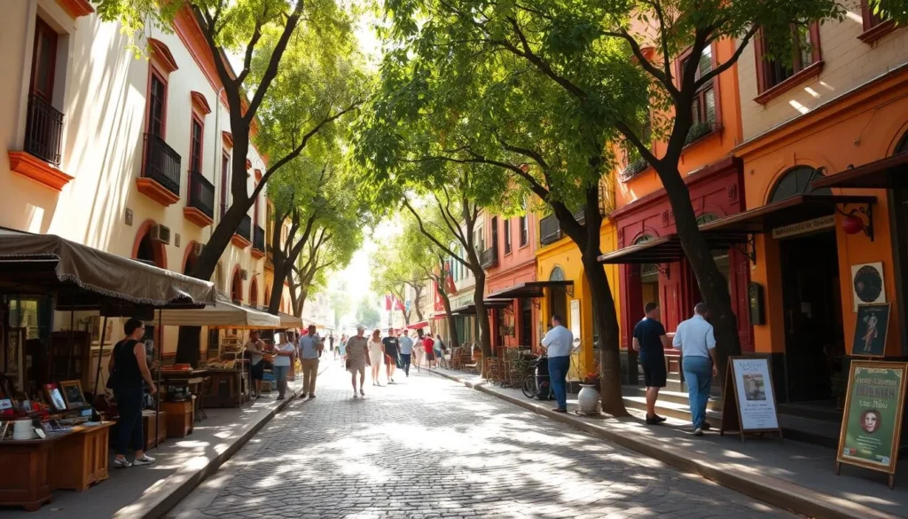 A charming cobblestone street in the historic San Telmo neighborhood of Buenos Aires, Argentina. Quaint colonial buildings line the sidewalks, their colorful facades casting warm shadows across the ground. Locals and tourists mingle, browsing the open-air antique markets and artisan stalls that dot the area. Sunlight filters through the lush trees overhead, creating a dappled, tranquil atmosphere. In the distance, the sound of a tango band plays, adding to the timeless, romantic ambiance of this vibrant urban scene.