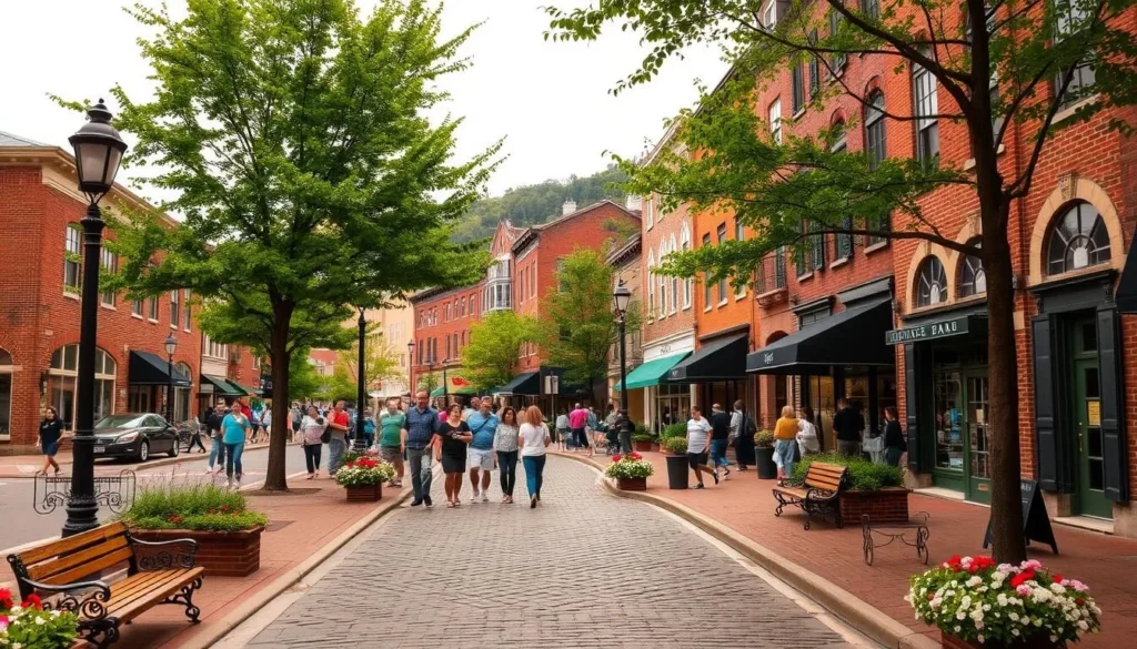 A charming historic district tour set against a picturesque backdrop. Cobblestone streets lined with quaint brick buildings, their facades adorned with ornate architectural details. Lampposts and antique benches dot the lively sidewalks, where people stroll leisurely, admiring the well-preserved historic ambiance. Lush trees and blooming flower beds frame the scene, casting a warm, golden glow under the soft, overcast sky. A serene and inviting atmosphere, perfect for immersing oneself in the rich heritage of this captivating West Virginian town.