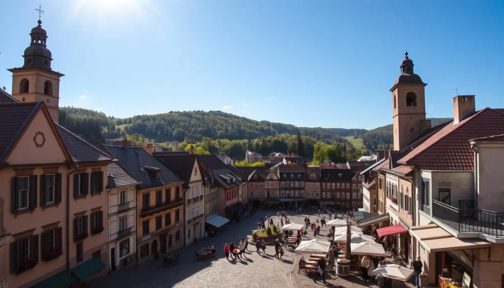 A charming historic town nestled in a lush, rolling landscape. In the foreground, cobblestone streets are lined with quaint, colorful buildings - a mix of traditional architecture and cozy cafes. Towering church spires and clock towers punctuate the skyline, casting long shadows across the scene. In the middle ground, a bustling town square is filled with locals and visitors, strolling past flower-filled window boxes and browsing artisanal shops. The background is dominated by gently sloping hills, dotted with verdant trees and a clear blue sky overhead, illuminated by warm, golden sunlight. An atmosphere of timeless charm and tranquility pervades the entire image.