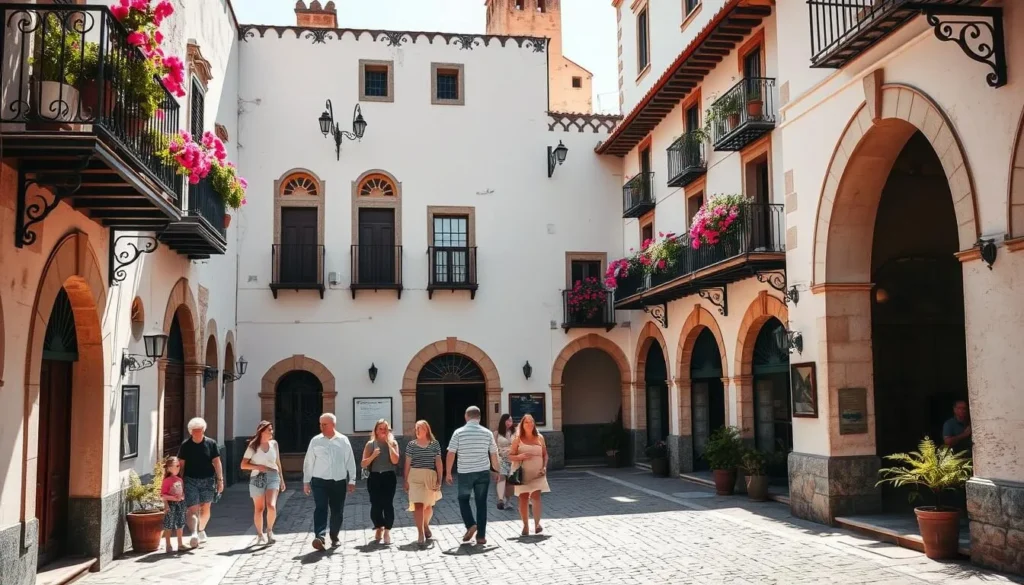A charming medieval plaza nestled within the historic Jewish Quarter of Córdoba, Spain. Sunlight dapples the cobblestones, casting warm shadows upon the whitewashed buildings and their decorative Moorish-influenced arches. Wrought-iron balconies overflow with vibrant blooms, adding pops of color to the serene scene. In the foreground, a group of locals and visitors meander through the quaint alleyways, immersed in the timeless atmosphere of this well-preserved cultural heritage site. A tranquil, inviting ambiance pervades the space, inviting the viewer to explore the rich history and architectural treasures of Córdoba's renowned Jewish Quarter.