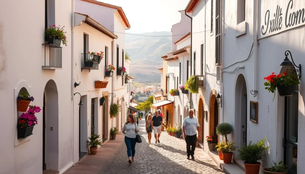 A charming narrow street in the picturesque town of Mijas, Spain. The path winds between whitewashed buildings with terracotta roofs, adorned with colorful potted plants and flower boxes. Sunlight filters through the archways, casting warm, soft shadows on the cobblestoned ground. Locals stroll leisurely, admiring the quaint shops and cafes that line the street. In the distance, the rolling hills of the Andalusian countryside create a stunning backdrop. Capture the serene, timeless atmosphere of this enchanting Mijas streetscape.