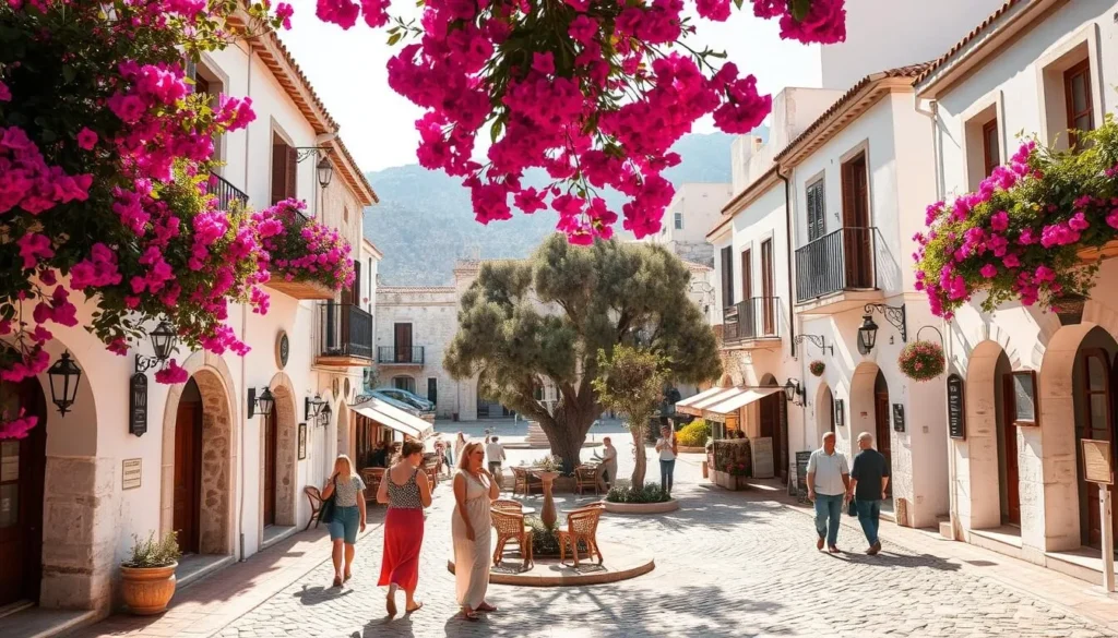 A charming old town nestled in the heart of Crete, Greece. Cobblestone streets wind through quaint buildings with whitewashed walls and terracotta roofs. Vibrant bougainvillea cascades from balconies, casting soft shadows on the ground. In the center, a tranquil town square is dotted with ancient olive trees and surrounded by friendly cafes. Sunlight filters through the archways, creating a warm, inviting atmosphere. People stroll leisurely, pausing to admire the intricate architectural details and exchange greetings with neighbors. The scene evokes a timeless, picturesque Mediterranean ambiance, perfectly capturing the charm of Crete's historic old towns.