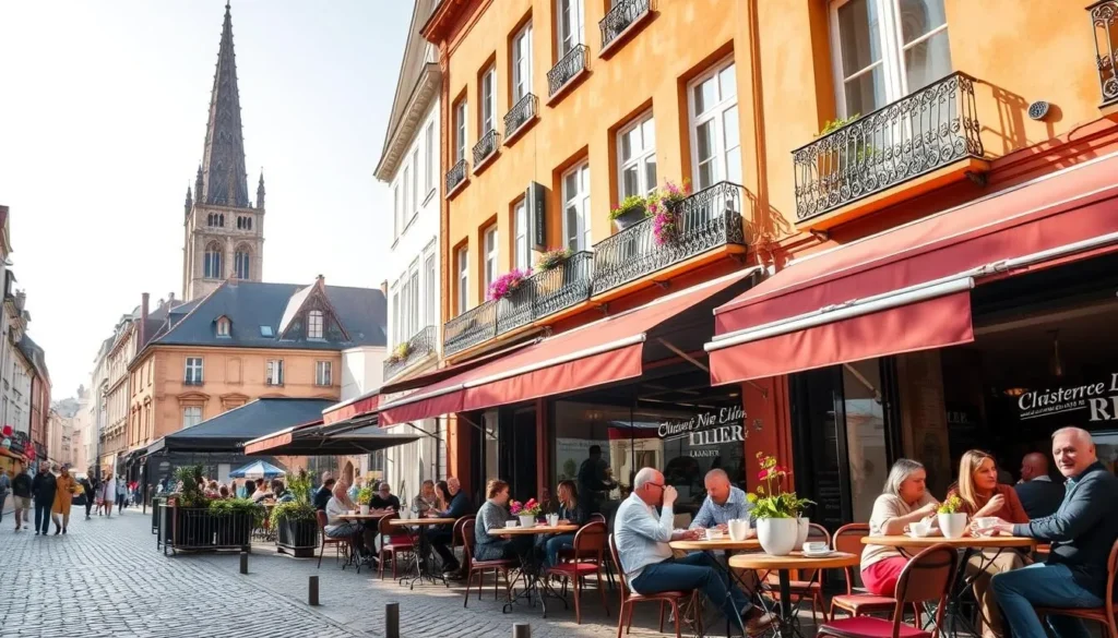 A charming outdoor cafe scene in the historic district of Lille, France. In the foreground, a quaint cobblestone street lined with colorful awnings and flower-adorned tables, where patrons sip espresso and sample local delicacies. The middle ground features a picturesque old-world building facade, its warm ochre tones complemented by wrought-iron balconies and window boxes. In the background, a glimpse of the city's iconic belfry tower, its spire reaching skyward against a soft, hazy blue sky. Natural, warm lighting filters through the scene, evoking a sense of tranquility and joie de vivre. The overall atmosphere is one of charming Gallic elegance and the delight of indulging in the culinary specialties of this historic Northern French city. A charming outdoor cafe scene in the historic district of Lille, France. In the foreground, a quaint cobblestone street lined with colorful awnings and flower-adorned tables, where patrons sip espresso and sample local delicacies. The middle ground features a picturesque old-world building facade, its warm ochre tones complemented by wrought-iron balconies and window boxes. In the background, a glimpse of the city's iconic belfry tower, its spire reaching skyward against a soft, hazy blue sky. Natural, warm lighting filters through the scene, evoking a sense of tranquility and joie de vivre. The overall atmosphere is one of charming Gallic elegance and the delight of indulging in the culinary specialties of this historic Northern French city.