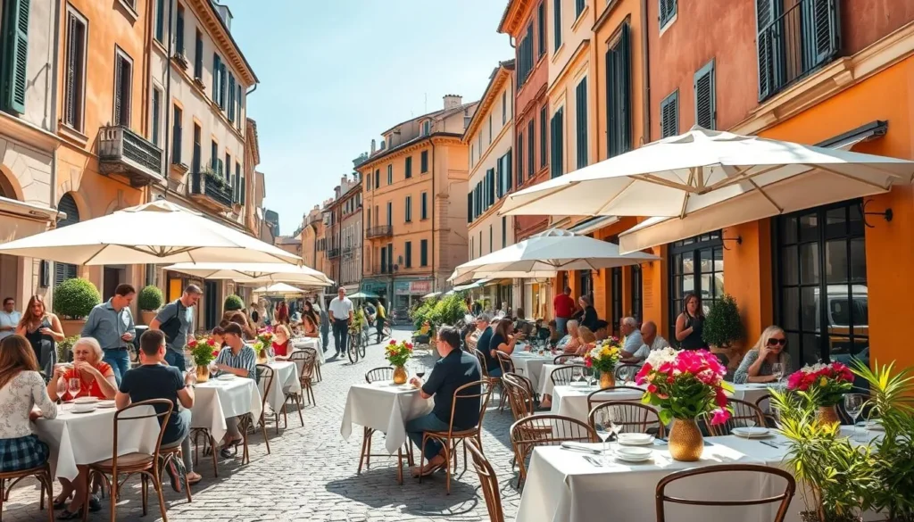 A charming outdoor cafe scene in the picturesque historic center of Aix-en-Provence, France on a sunny afternoon. Tables adorned with crisp white tablecloths and vibrant flower arrangements line the cobblestone streets, with locals and visitors enjoying elegant French cuisine and wine. In the background, the warm ochre facades of centuries-old buildings create a timeless Mediterranean ambiance, while delicate cafe umbrellas provide a touch of sophistication. The scene is bathed in soft, natural lighting that accentuates the rich colors and textures, inviting the viewer to imagine the lively atmosphere and delectable flavors.