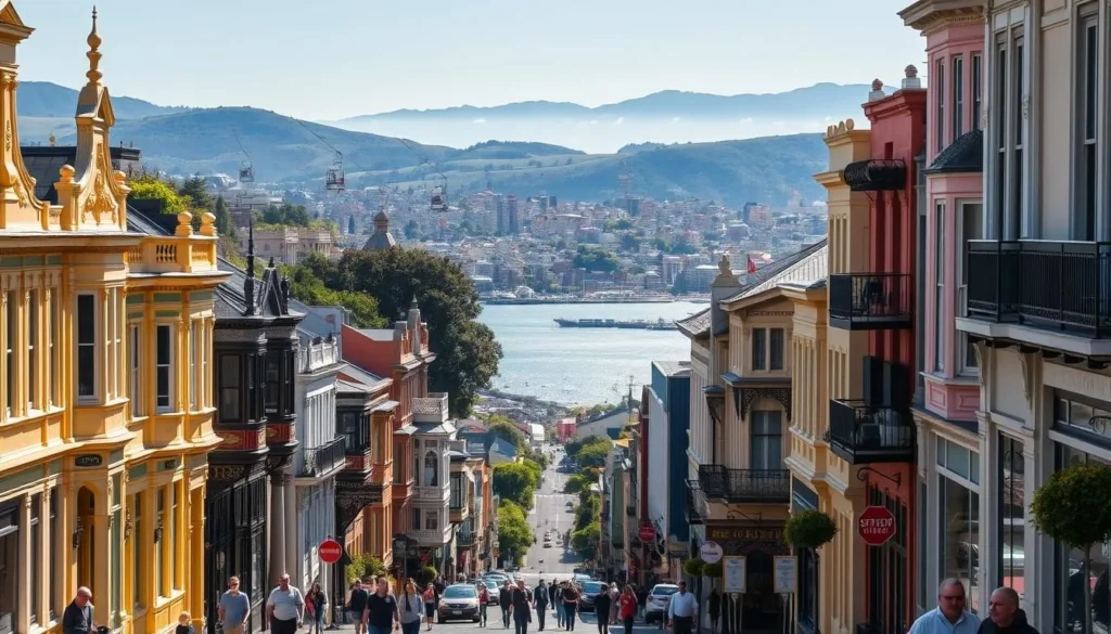 A charming scene of Wellington's vibrant cityscape. In the foreground, colorful Victorian-era buildings line the bustling streets, their facades adorned with intricate architectural details. Pedestrians stroll casually, enjoying the mild, sun-dappled day. In the middle ground, the iconic cable cars climb the city's picturesque hills, offering panoramic views of the harbor. In the background, the sparkling waters of the Wellington Harbour are framed by the lush, rolling hills and the distant outline of the Rimutaka Ranges. The scene exudes a sense of timeless elegance and a vibrant, lively atmosphere, capturing the essence of Wellington's unique charm.