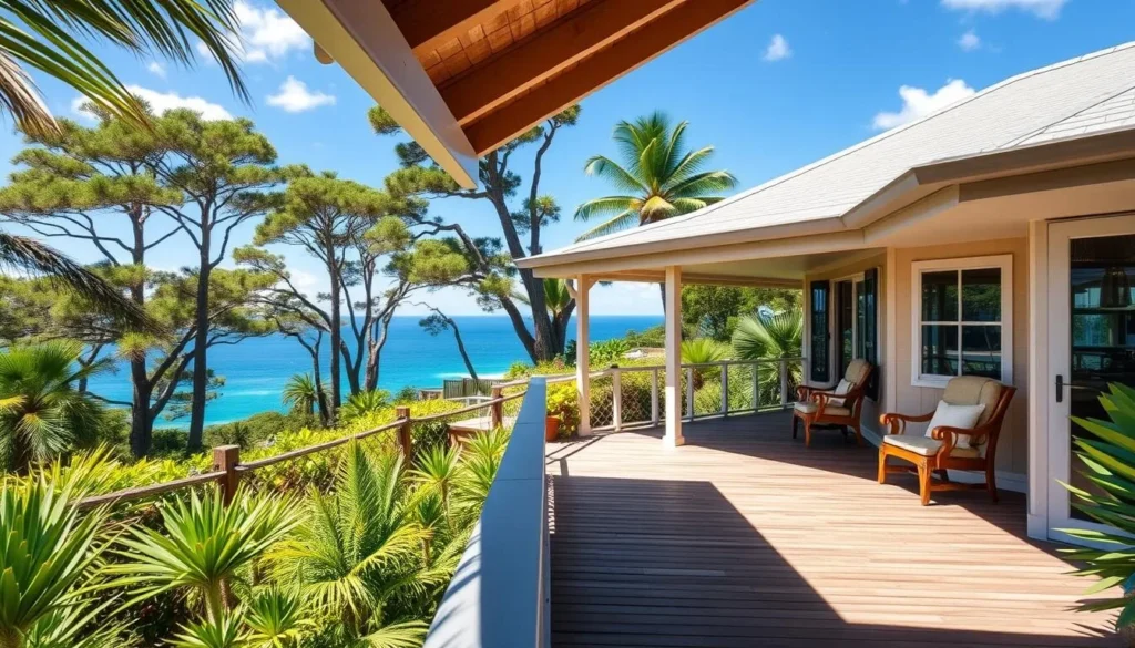 A charming self-contained villa accommodation on Norfolk Island with a veranda overlooking lush gardens and ocean views in the distance A charming self-contained villa accommodation on Norfolk Island with a veranda overlooking lush gardens and ocean views in the distance
