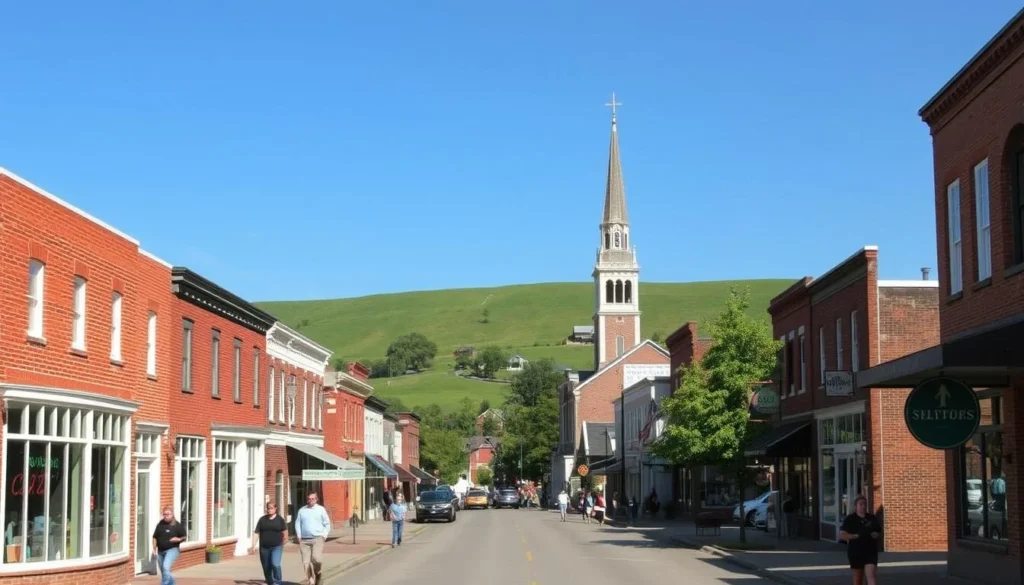 A charming small-town landscape in Williamstown, Kentucky on a pleasant sunny day. In the foreground, quaint historic buildings with brick facades and white trim line the main street, their windows glinting in the warm light. Pedestrians stroll along the sidewalks, taking in the easygoing atmosphere. In the middle ground, a steepled church tower and a few tall trees add visual interest. The background reveals rolling green hills dotted with farmhouses, creating a picturesque pastoral scene. The overall mood is one of tranquil, inviting Americana.