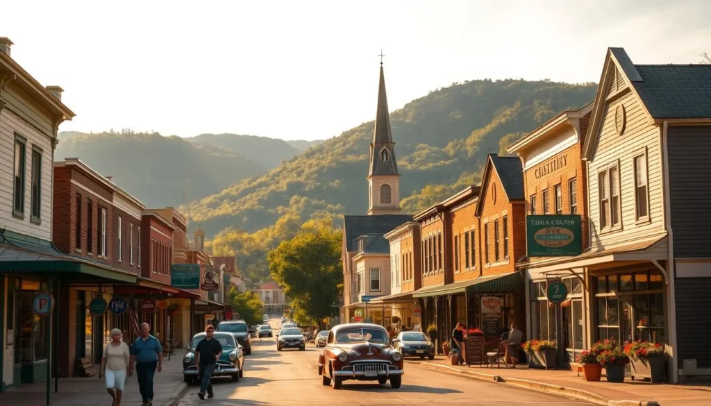 A charming small town nestled in the rolling hills of West Virginia, with quaint houses and local shops lining the main street. The warm afternoon sunlight casts a golden glow, highlighting the historic architecture and inviting storefronts. In the foreground, people stroll leisurely, enjoying the peaceful atmosphere. A few vintage cars are parked along the curb, adding to the nostalgic ambiance. In the middle ground, a steepled church stands tall, its stained-glass windows gleaming. The backdrop features lush green mountains, creating a picturesque natural setting. The overall scene exudes a sense of tranquility and small-town character, capturing the essence of West Virginia's charming communities.